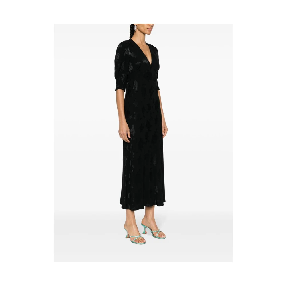 Rixo Zwarte klaprozenprint V-hals jurk Black Dames