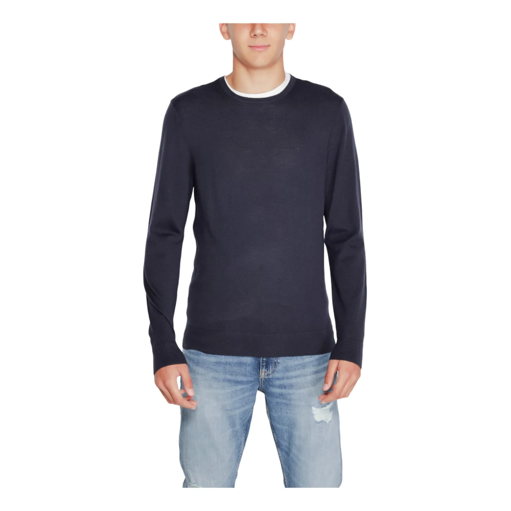 Calvin Klein Jeans Men's Blue Round-Neck Knitwear, S, Wool Crew Neck Jumper