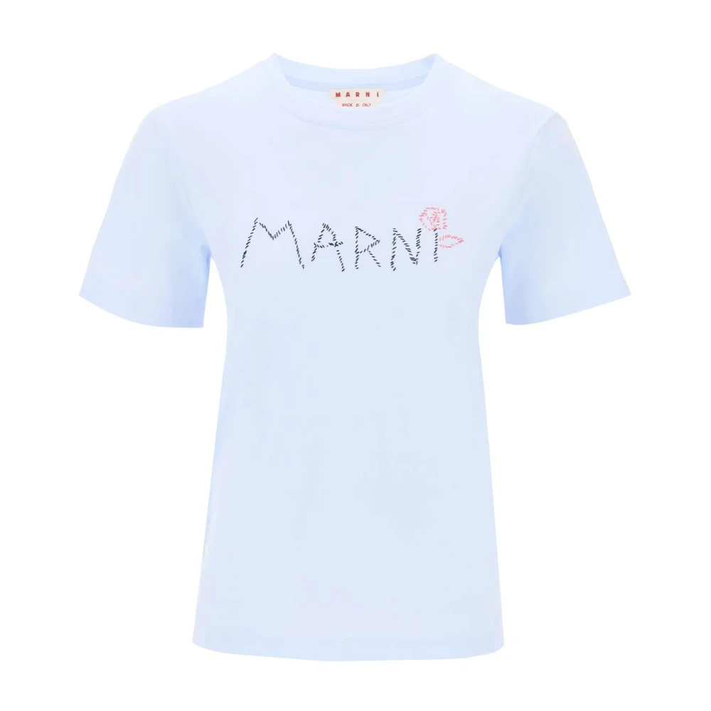 Marni Lichtblauw Katoenen T-shirt met Logo Blue Dames