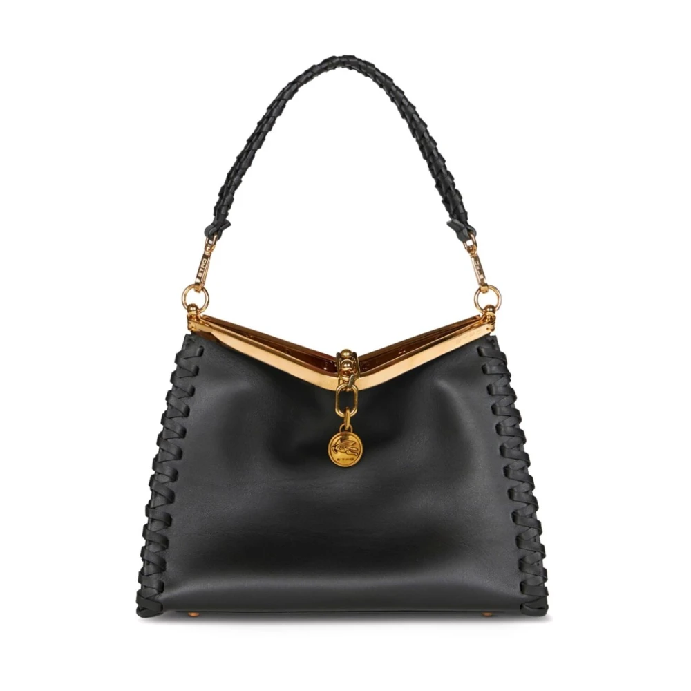 ETRO Zwarte Leren Schoudertas met Pegaso Motief Black Dames