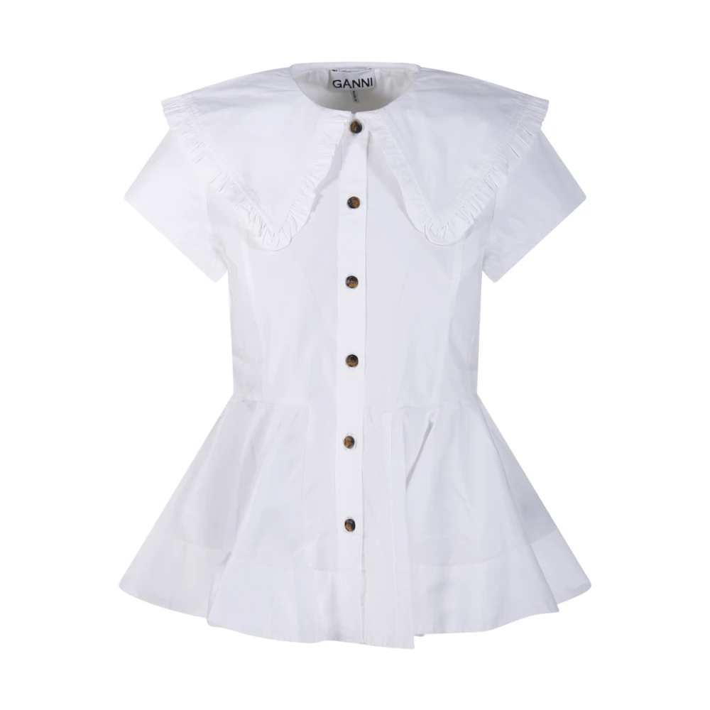 Ganni Women's White Stretch Cotton Peter Pan Collar Shirt - Blouses - 3XS - Blouses & Shirts