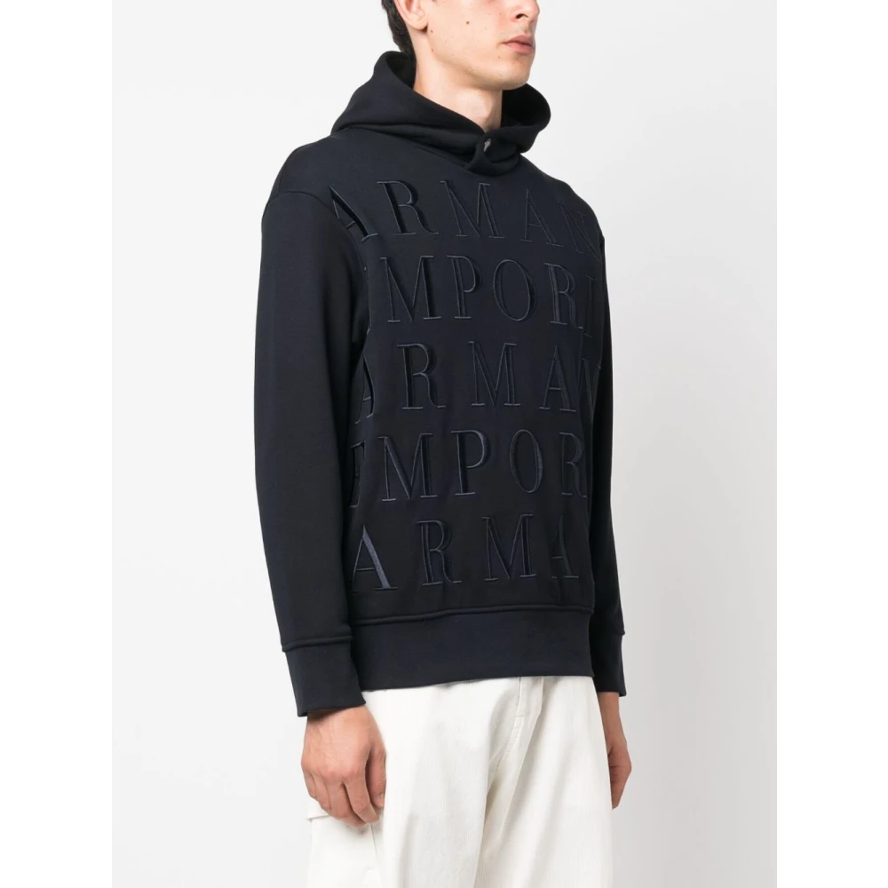 Emporio Armani Blauwe Logo-Geborduurde Katoenen Hoodie Blue Heren