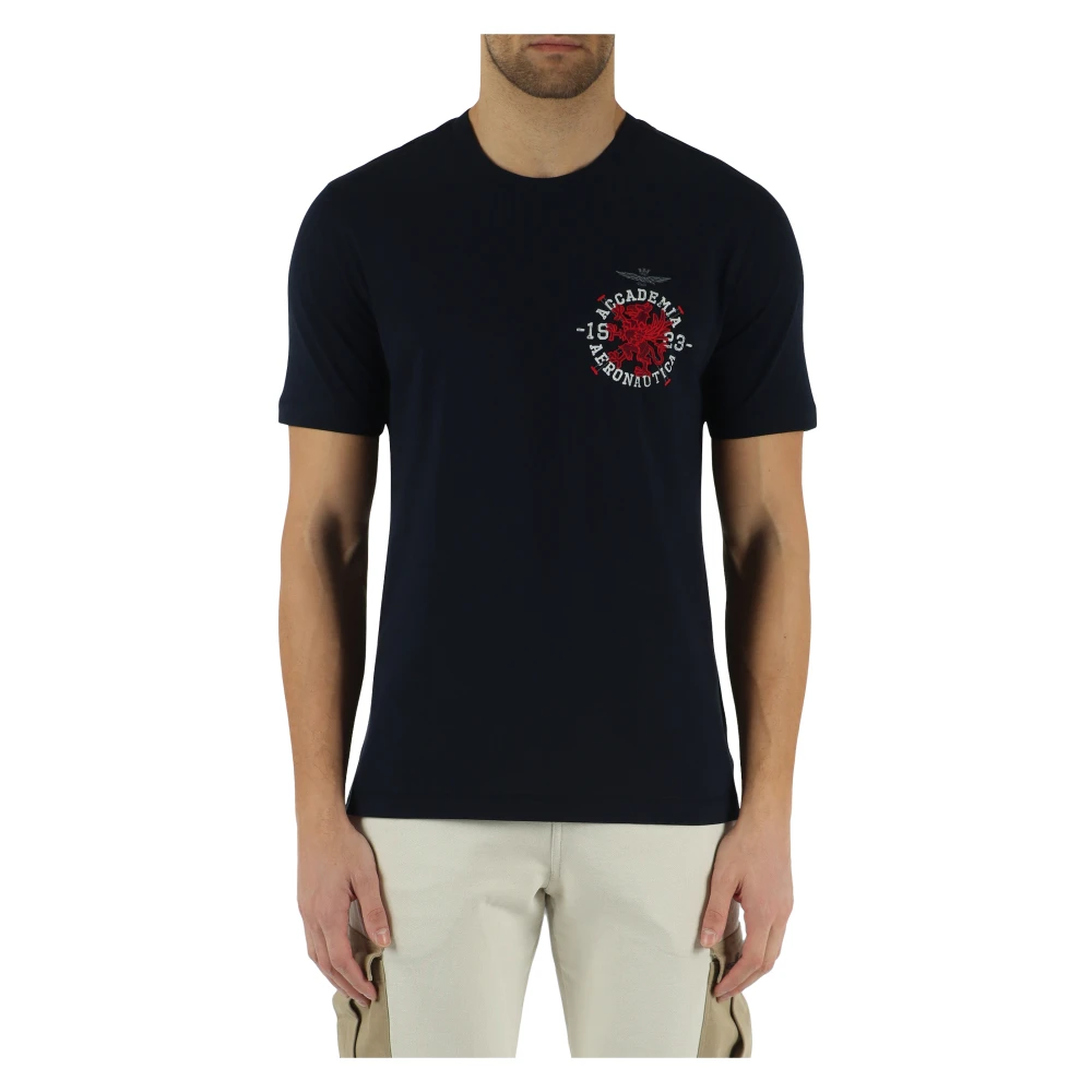 Aeronautica militare Katoenen T-shirt met Voorlogo Borduursel Blue Heren