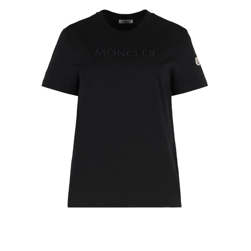 Moncler Black T-Shirts, Female, M, Embroidered Tonal Logo Cotton T-Shirt
