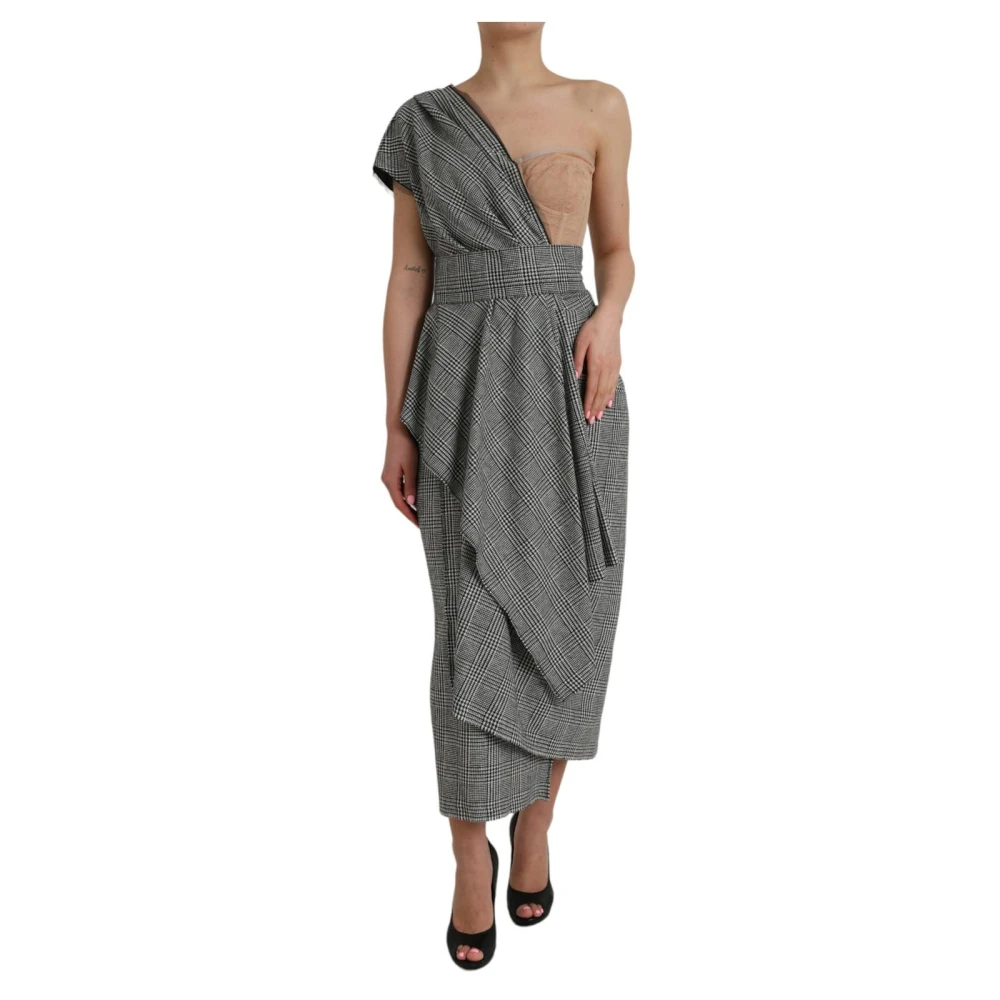 Dolce & Gabbana Women's Gray One-Shoulder Draped Dress Prince Of Wales Check - Midi Dresses - Xs- Dresses