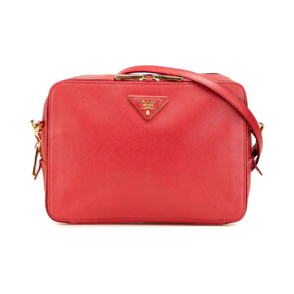 Prada Vintage Women's Red Pre-Owned Saffiano Leather Crossbody Bag With Adjustable Strap And Zip Closure