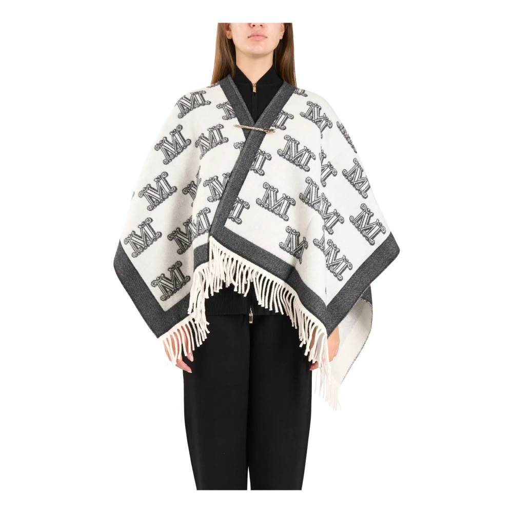 Max Mara Studio Monogram Jacquard Ull Poncho med Fransar Multicolor, Dam