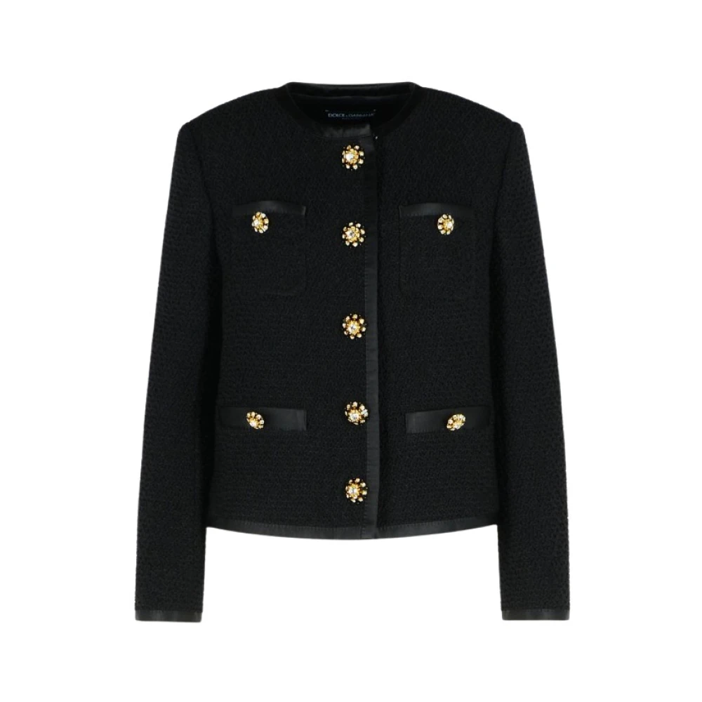 Dolce & Gabbana Black Tweed Jackets, Female, L, Knitted Jacket With Button Fastening