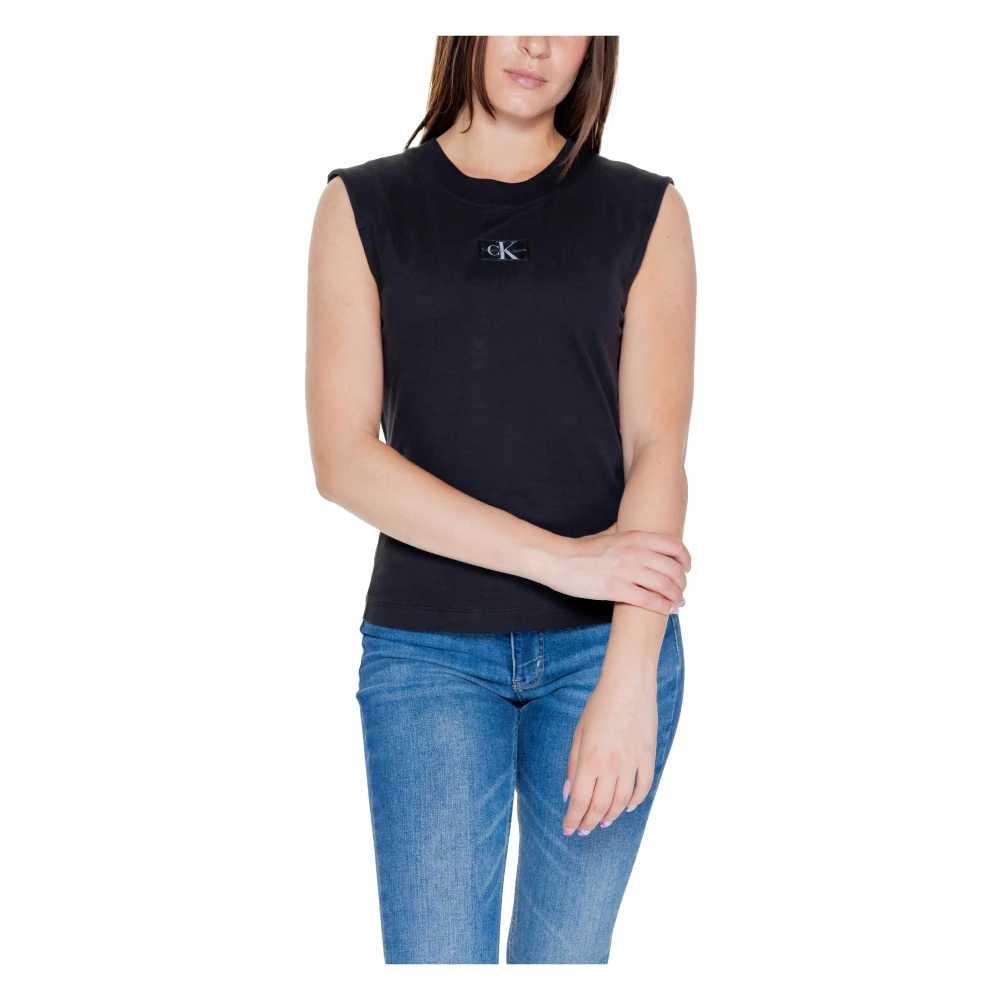 Calvin Klein Jeans Geweven Label T-Shirt Herfst Winter Collectie Black Dames