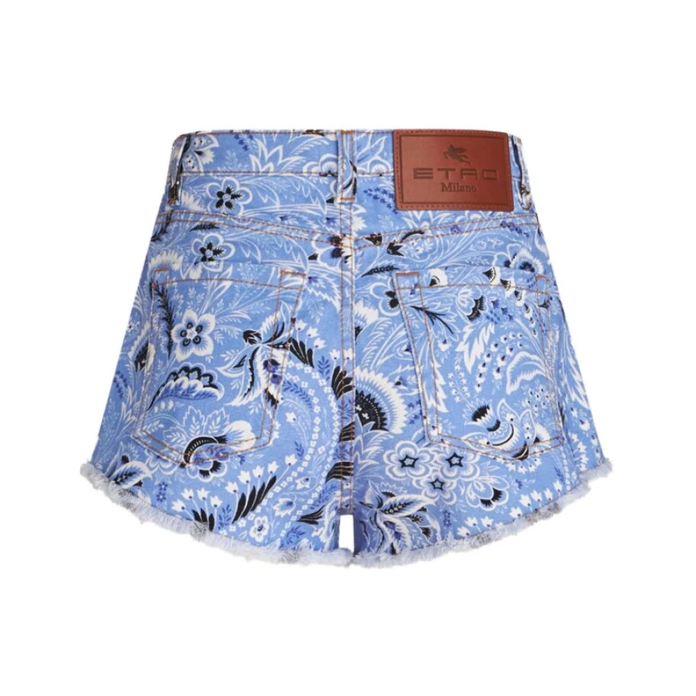 ETRO Bandana Print High-Waisted Denim Shorts Blue Dames