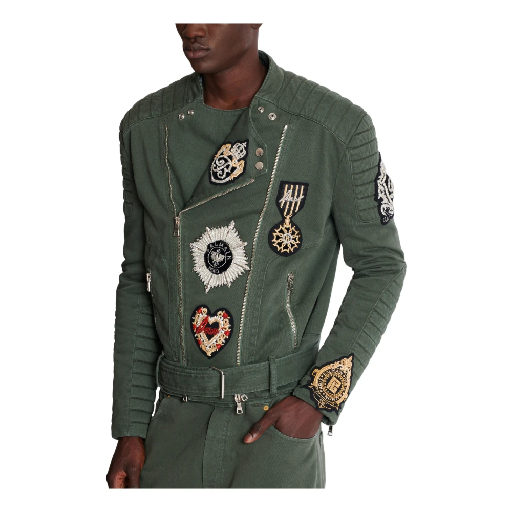 Balmain Denim Biker Jacket met Geborduurde Patches Green Heren