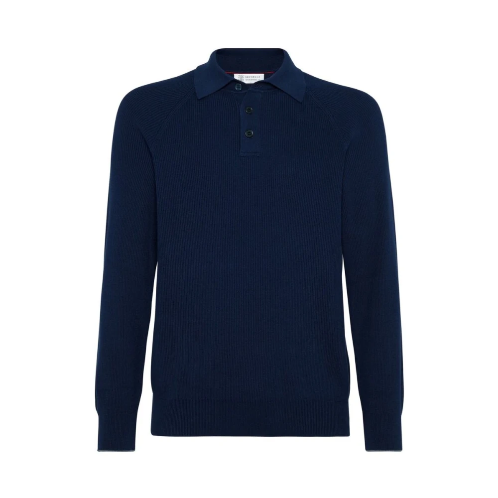BRUNELLO CUCINELLI Navy Blue Geribbelde Polo Sweater Blue Heren