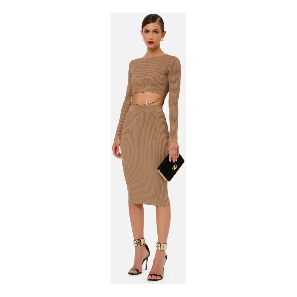 Elisabetta Franchi Gebreide jurk met steen accessoire Brown Dames