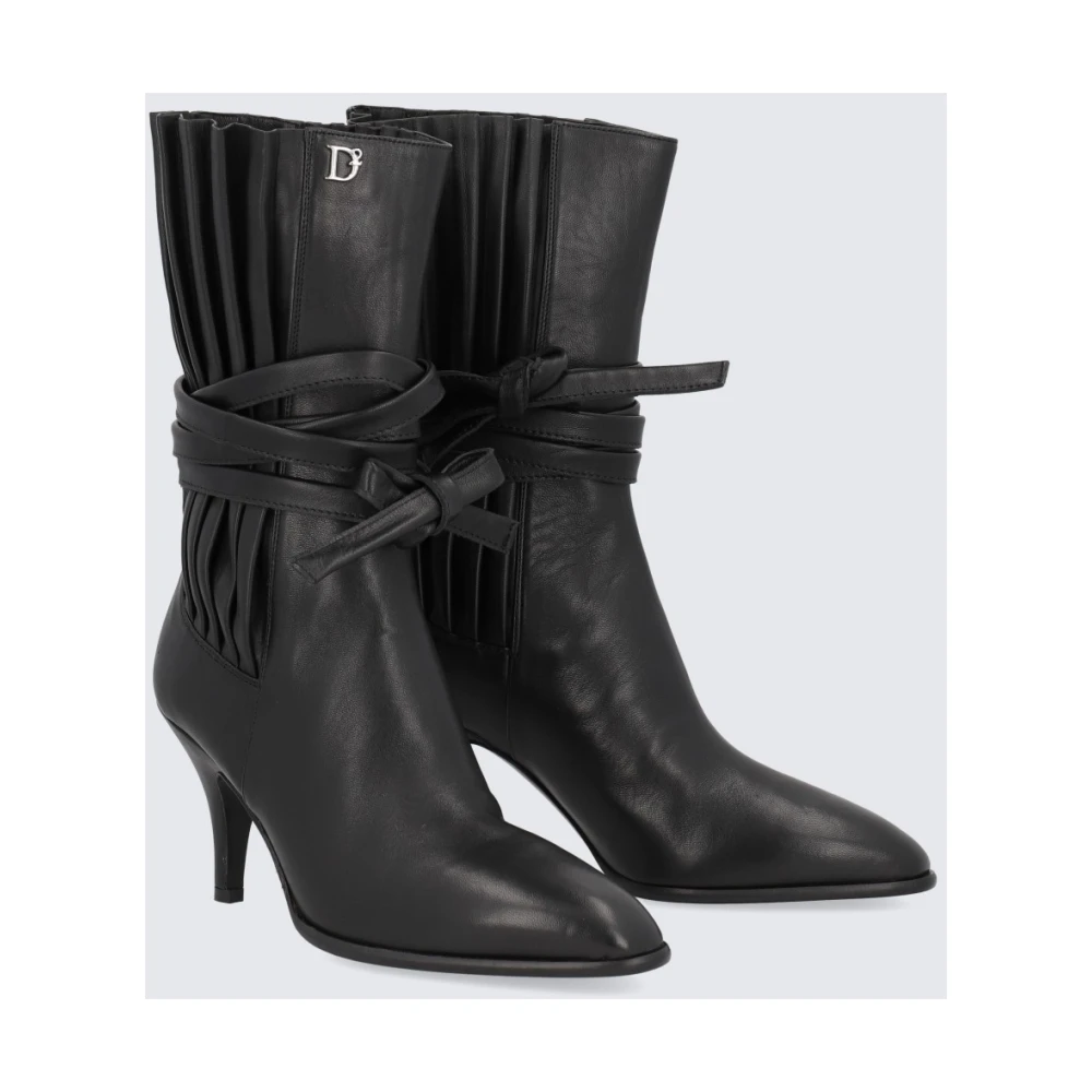 Dsquared2 Zwarte Leren Enkellaarzen met Plissè Motief Black Dames