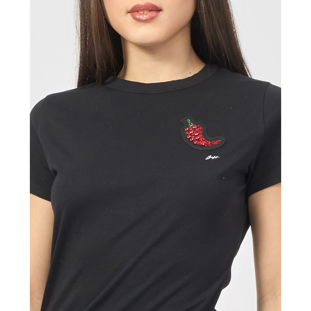 Hugo Boss Zwarte T-shirt met kristaldetails Black Dames