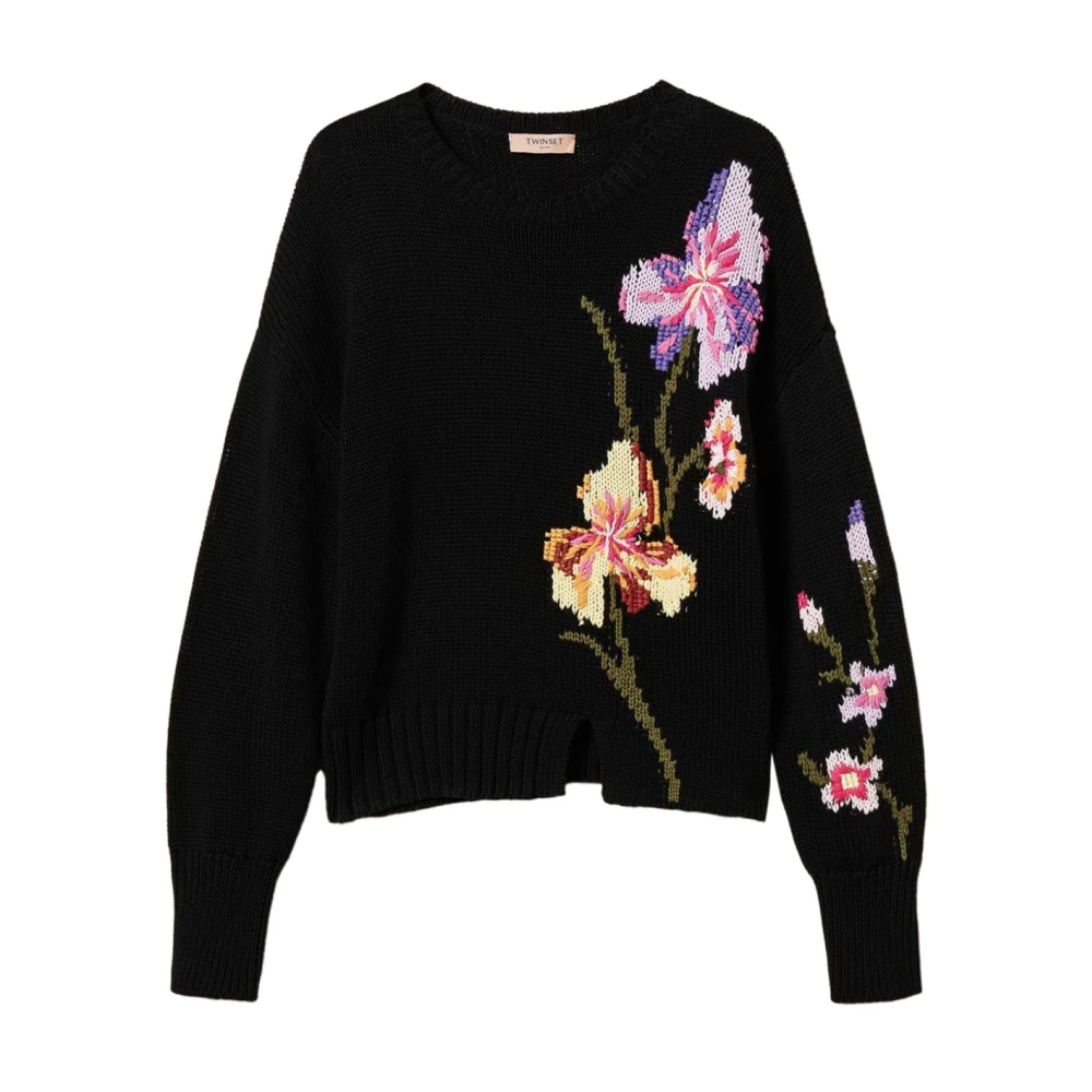 Twinset Zwarte Crew Neck Sweaters met Split Black Dames