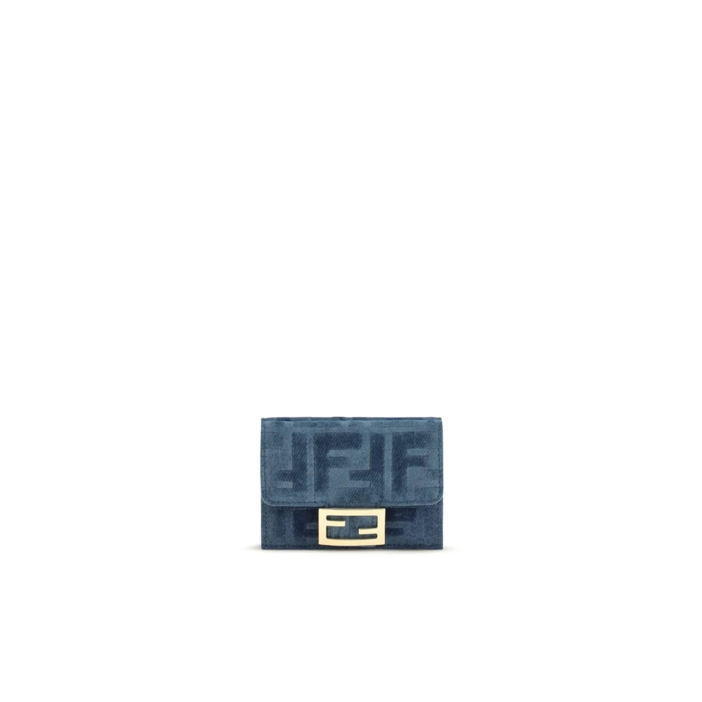 Fendi Gold/Blue Micro Trifold Flocked Denim Wallet - Image 3
