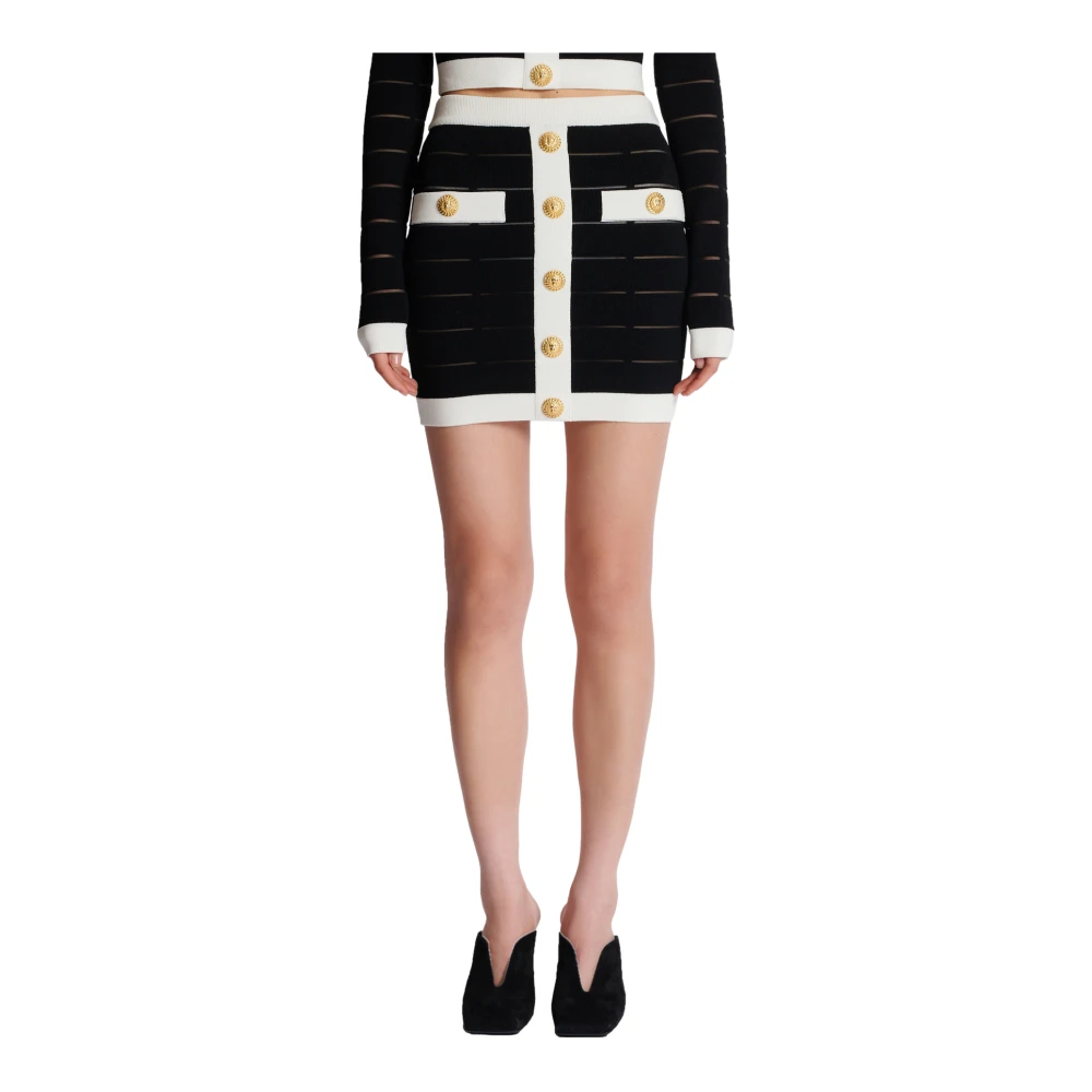 Balmain Tweekleurige Gebreide Rok met Knopen Black Dames