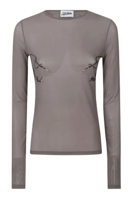 Mesh Crewneck Långärmad Topp Broderad