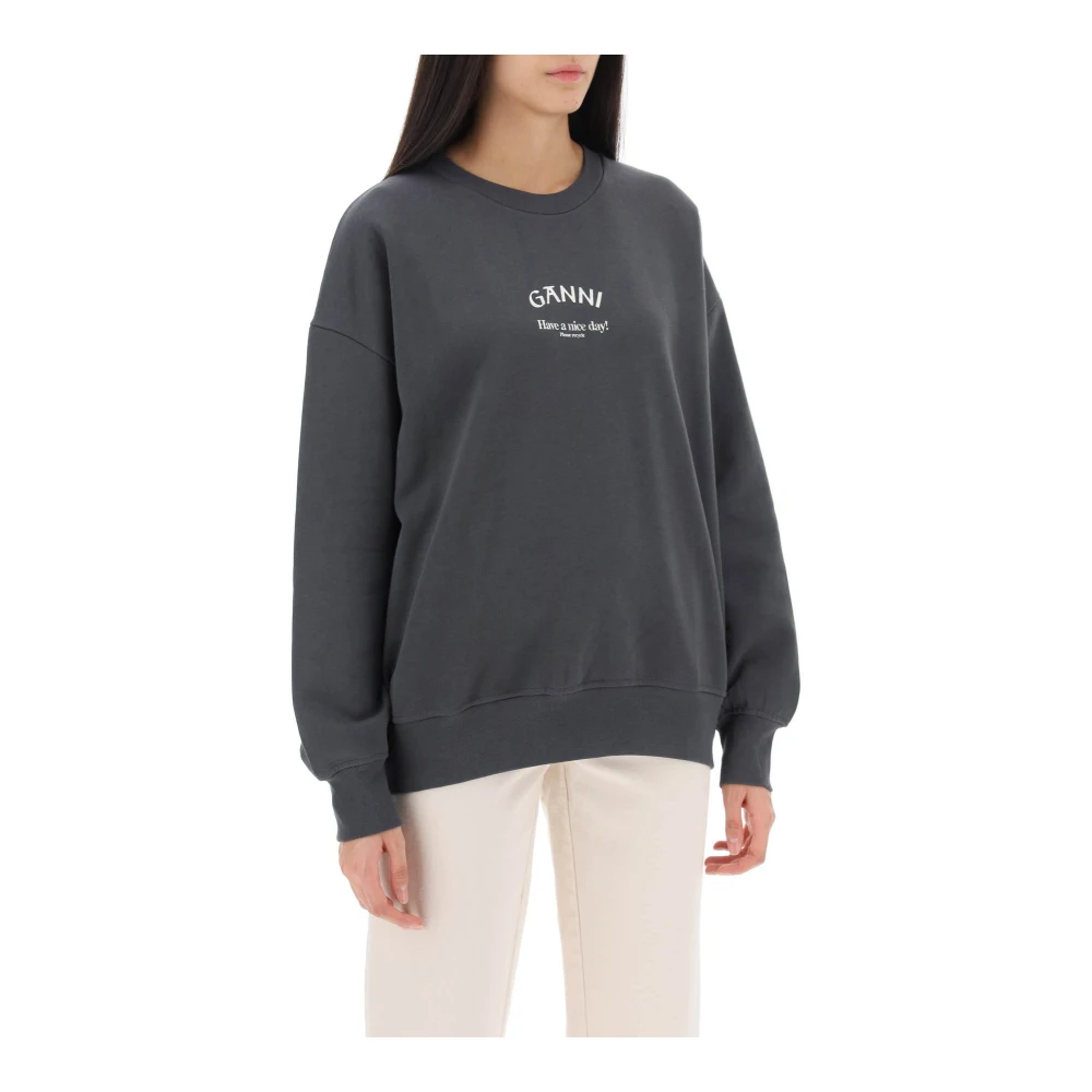 Ganni Logo Print Sweatshirt Oversized Casual Style Gray Dames