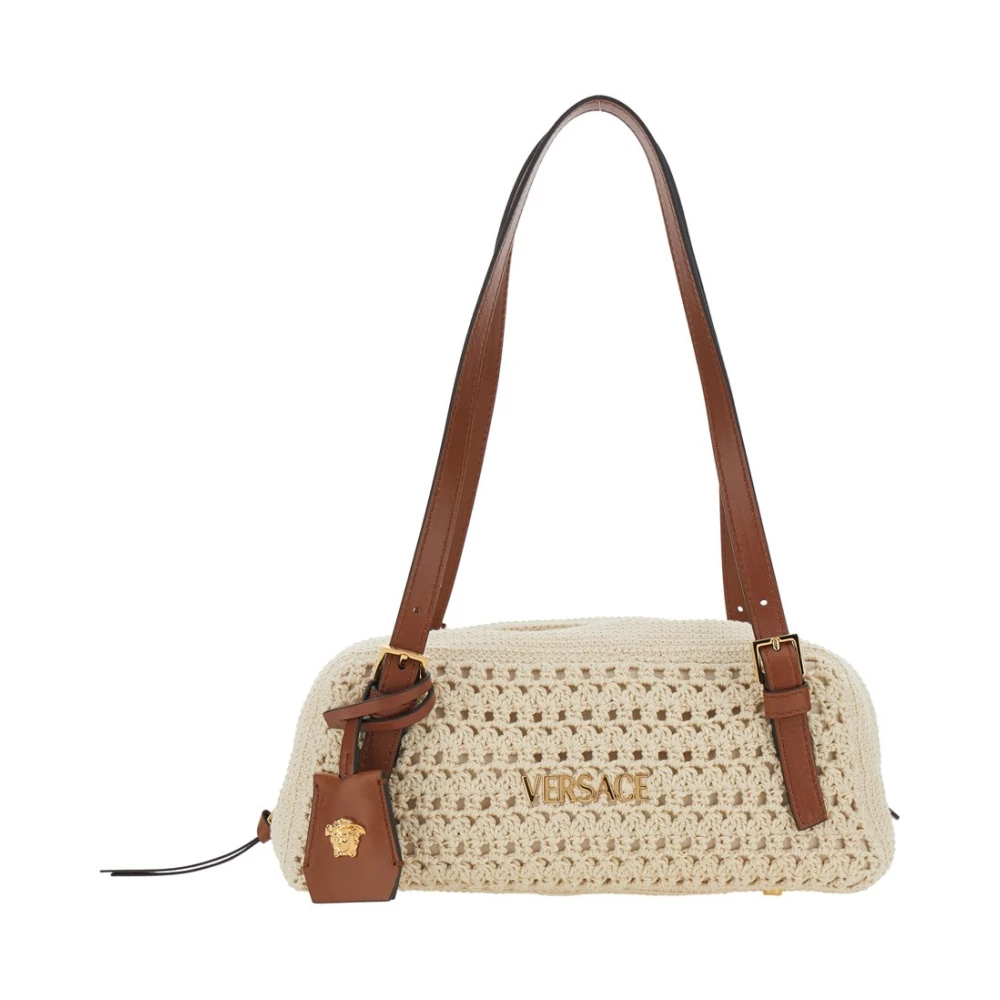 Versace Women's Beige Shoulder Bags, One Size, Tag Raffia Bowling Bag