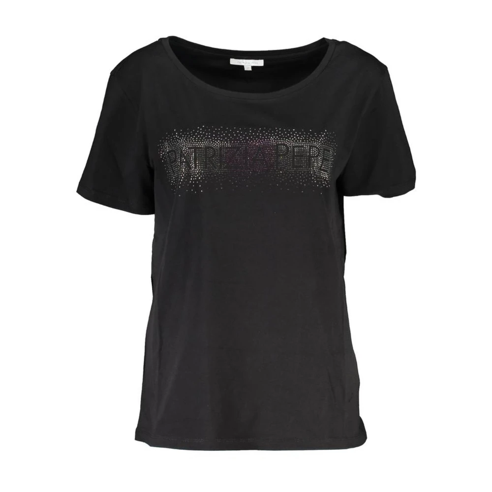 Patrizia Pepe , T-Shirts, Female, Black, S, Wide Neck Short Sleeve T-Shirt With Contrast Details And Logo