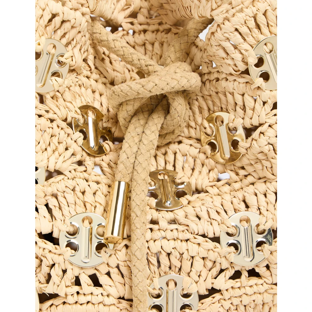 Paco Rabanne Handgeweven Raffia Bucket Tas met Metalen Schijven Brown Dames