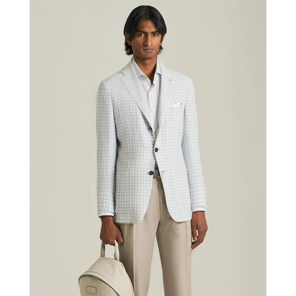 Kiton Micro Check Cashmere Blend Blazer Blue Heren