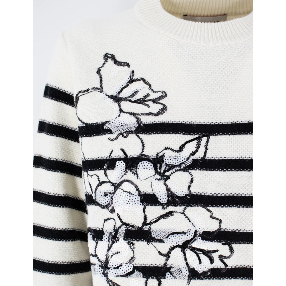 Ermanno Scervino Gestreepte wollen trui met paillettenbloemen White Dames