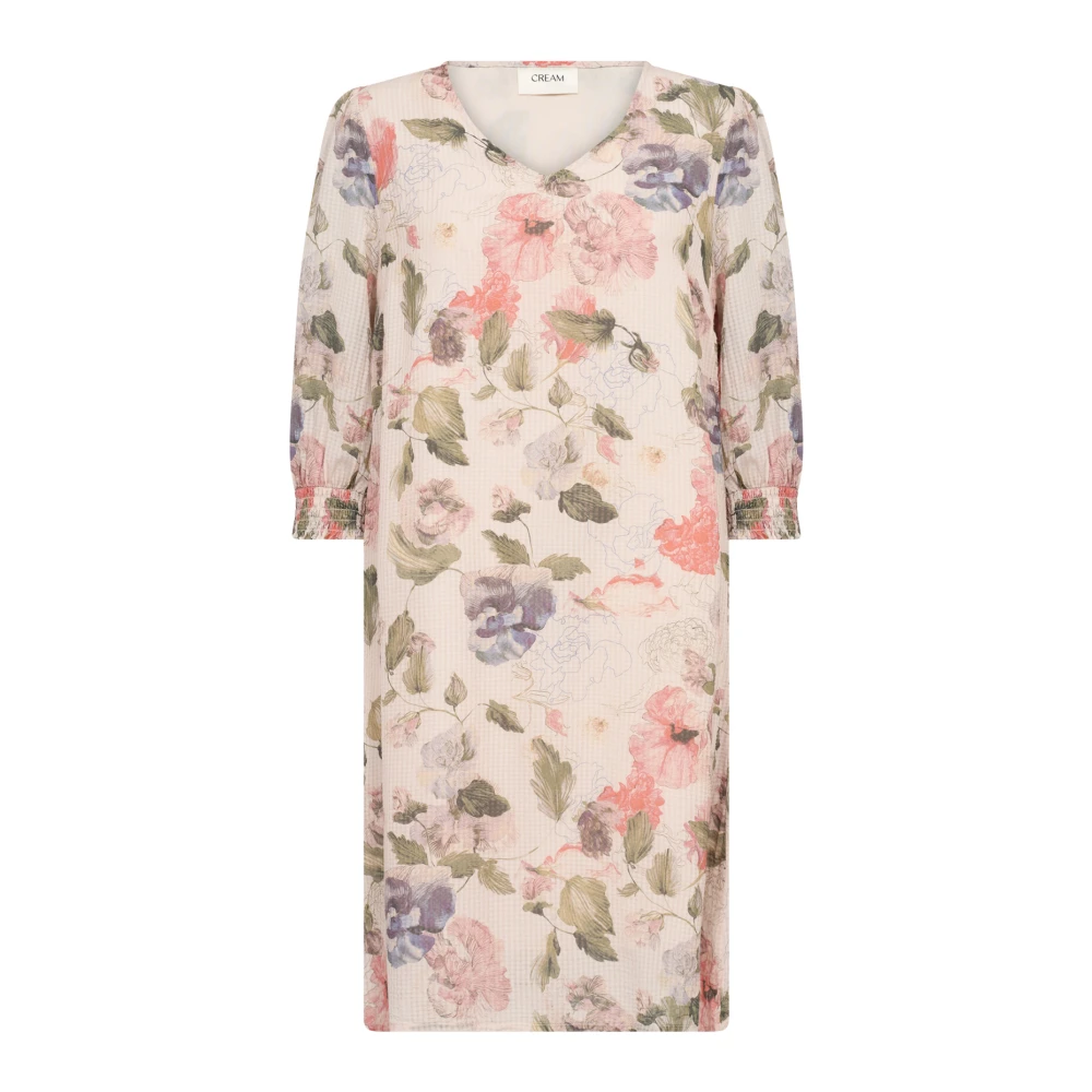 Cream Multicolor Floral Dress With V-Neck - Female - Short Dresses - L - Dresses