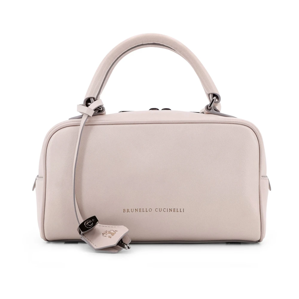 BRUNELLO CUCINELLI Leren handtas met frontlogo print Gray Dames