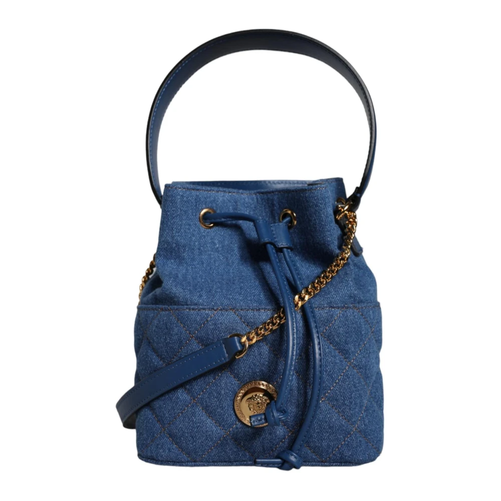 Versace Blauwe Gewatteerde Denim Leren Crossbody Tas Blue Dames