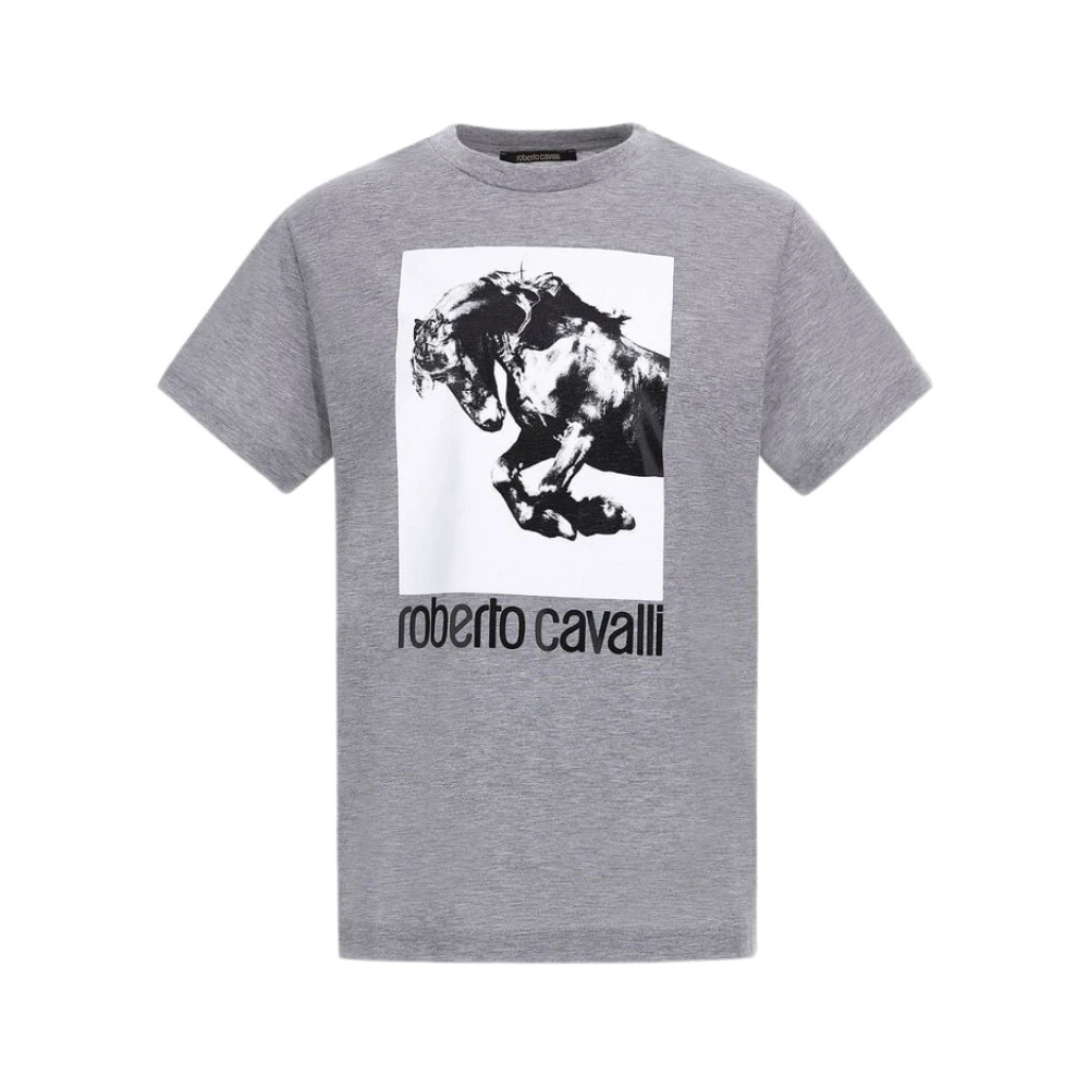 Roberto Cavalli T-shirt met Paardenlogo en Print Ronde Hals Gray Heren