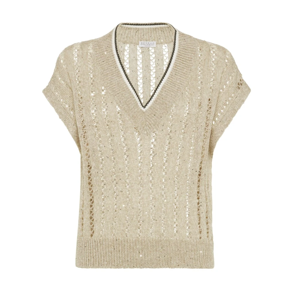BRUNELLO CUCINELLI Beige Paillet Trui V-Hals Dazzling Gebreid Beige Dames
