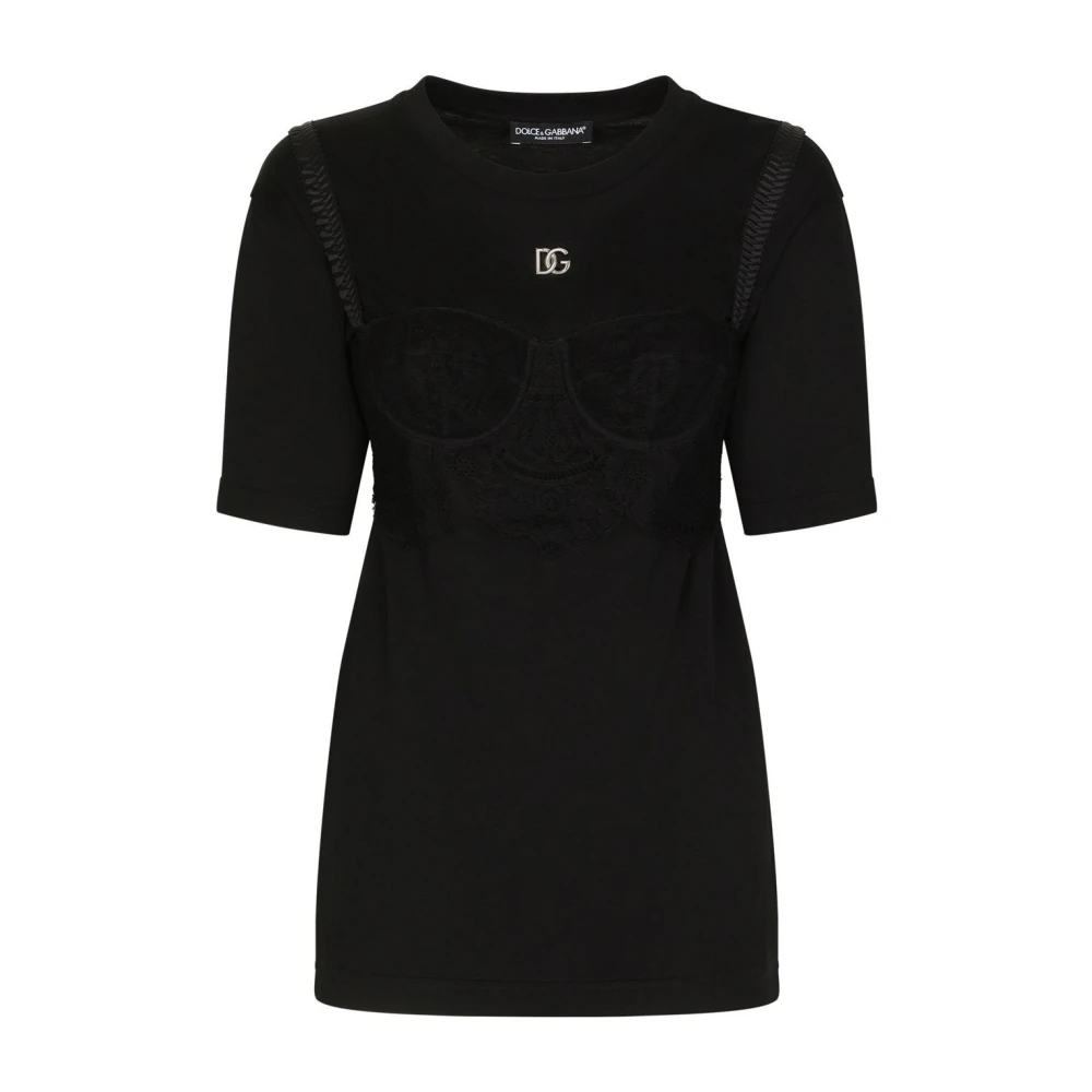 Dolce & Gabbana Svart T-shirt med bh-detaljer och korta ärmar Black, Dam