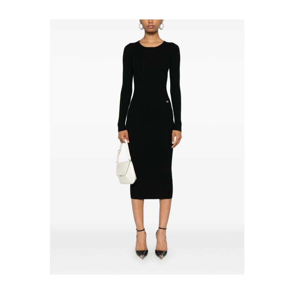Dolce & Gabbana Zwarte Logo Midi Gebreide Jurk Black Dames