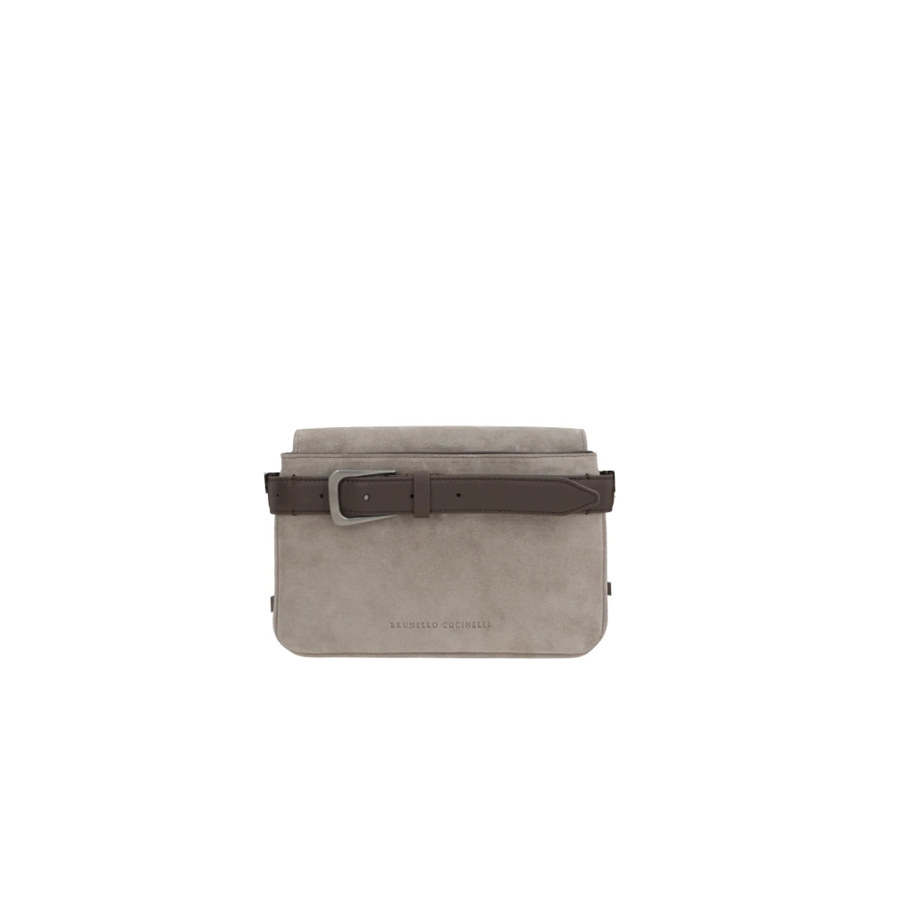 BRUNELLO CUCINELLI Witte suède schoudertas met bruin leren afwerking Gray Dames