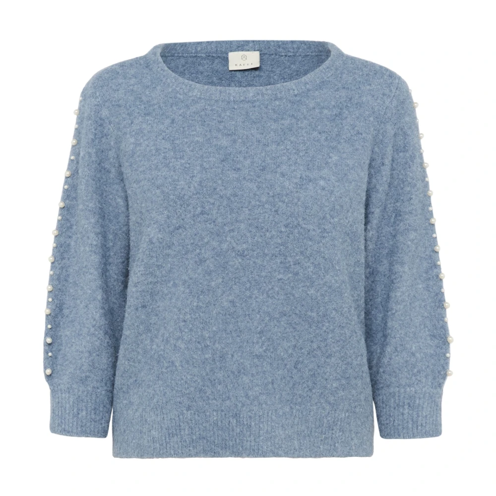 Kaffe Women's Blue Melange Pullover With Beaded Sleeves - Round-Neck Knitwear - 2XL - Knitwear