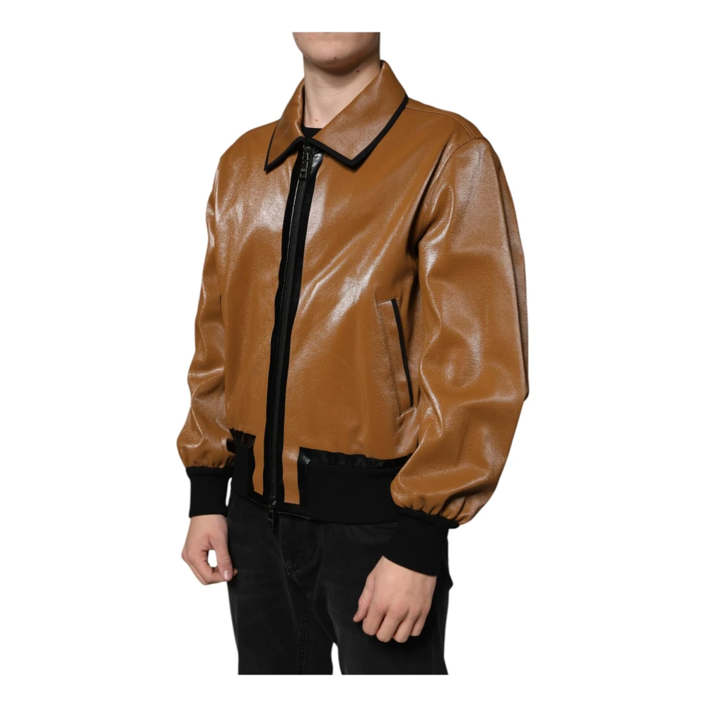 Dolce & Gabbana Bruin Leren Bomberjack met Logo Brown Heren