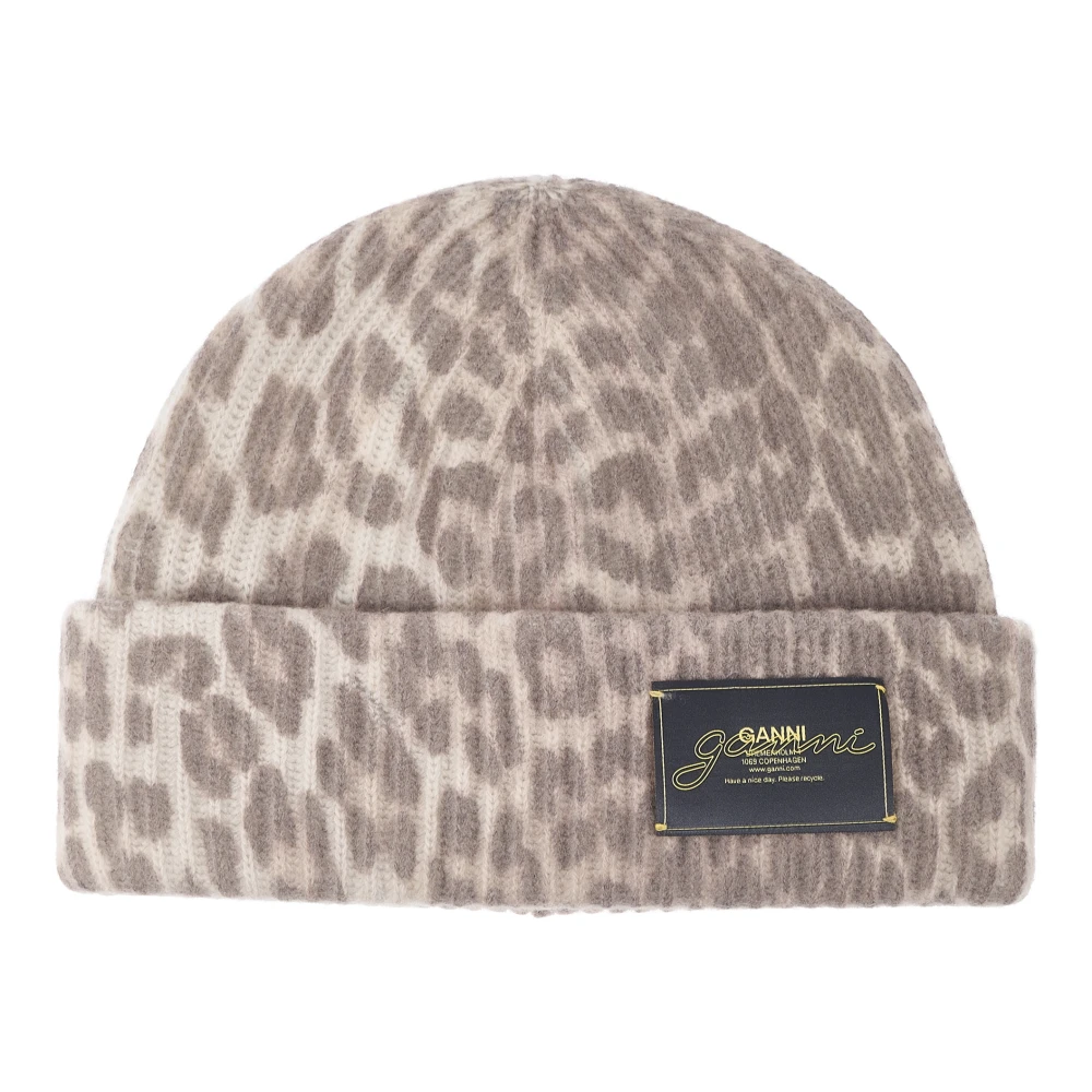 Ganni Women's Brown Leopard Print Wool Beanie Hat - Accessories - One Size - Accessories