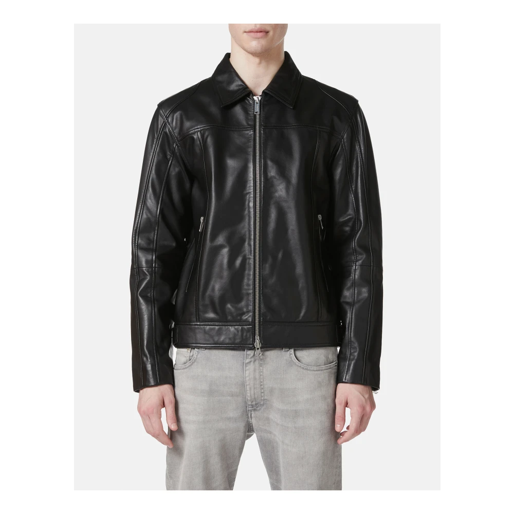 Iceberg Zwarte nappa leren motorjack met logo Black Heren