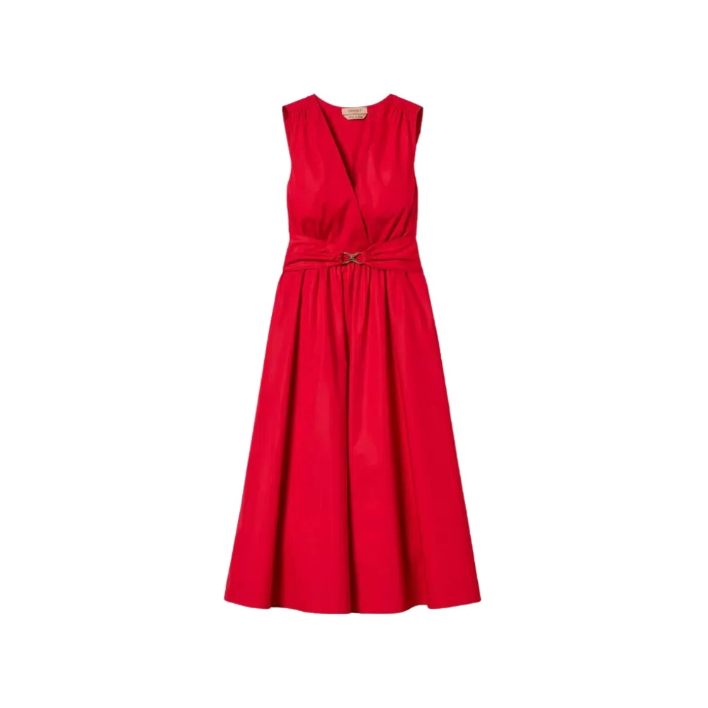 Twinset Women's Red Midi Dresses, M, Longuette Poplin Dress With Logo Belt