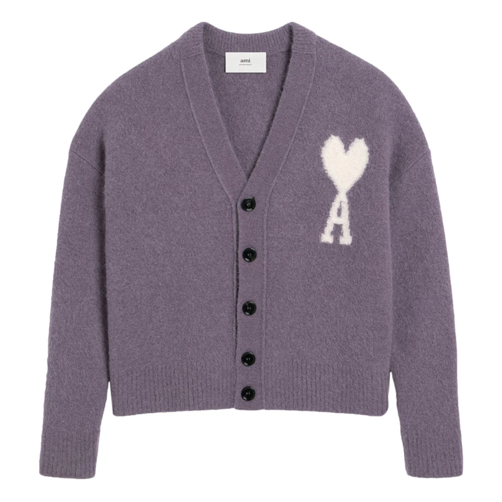 Ami Paris Stilren Stickad Cardigan Tröja Purple, Dam