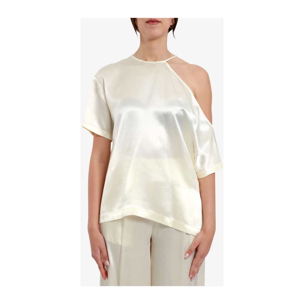 Erika Cavallini Satin One-Shoulder Blouse Roomwit Beige Dames