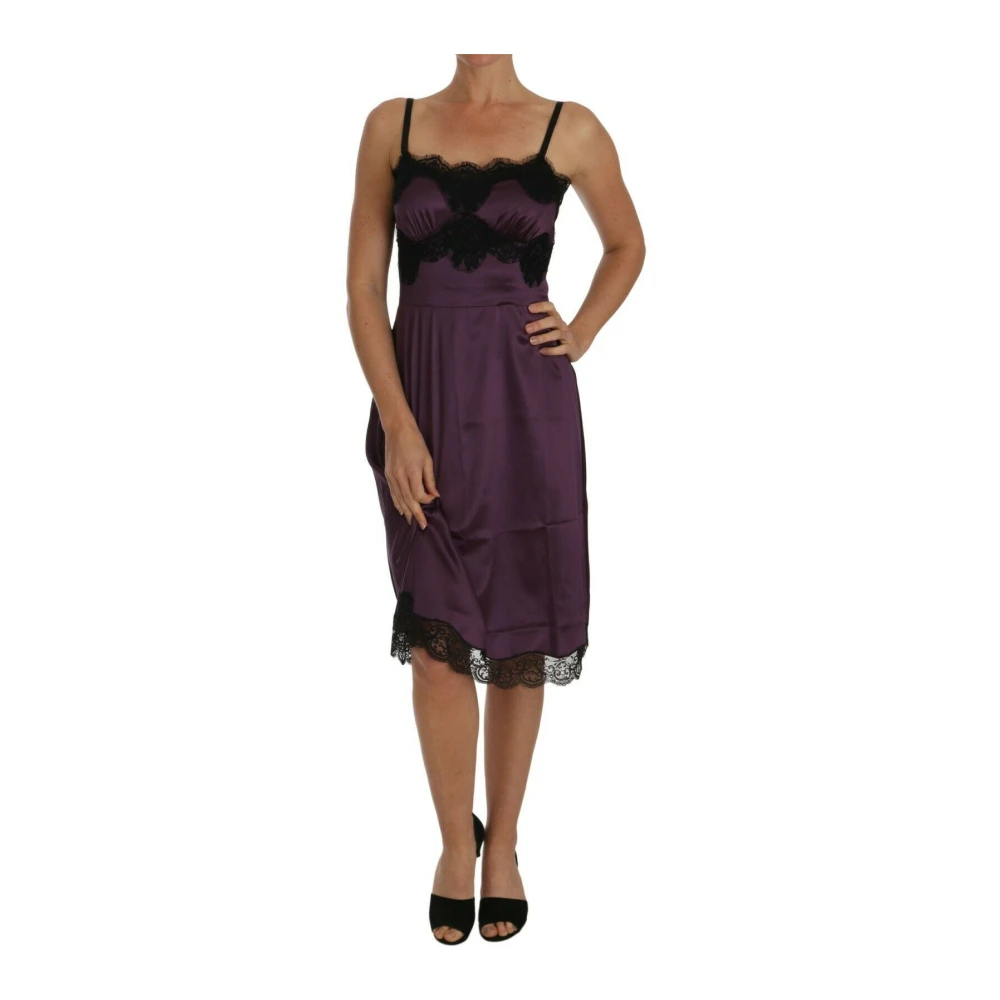 Dolce & Gabbana Women's Purple Midi Dresses, S, Silk Stretch Black Lace A-Line Dress