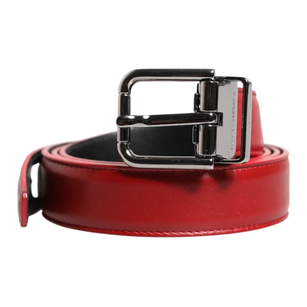 Dolce & Gabbana Unisex Red Belts, One Size, Leather Belt With Silver Buckle