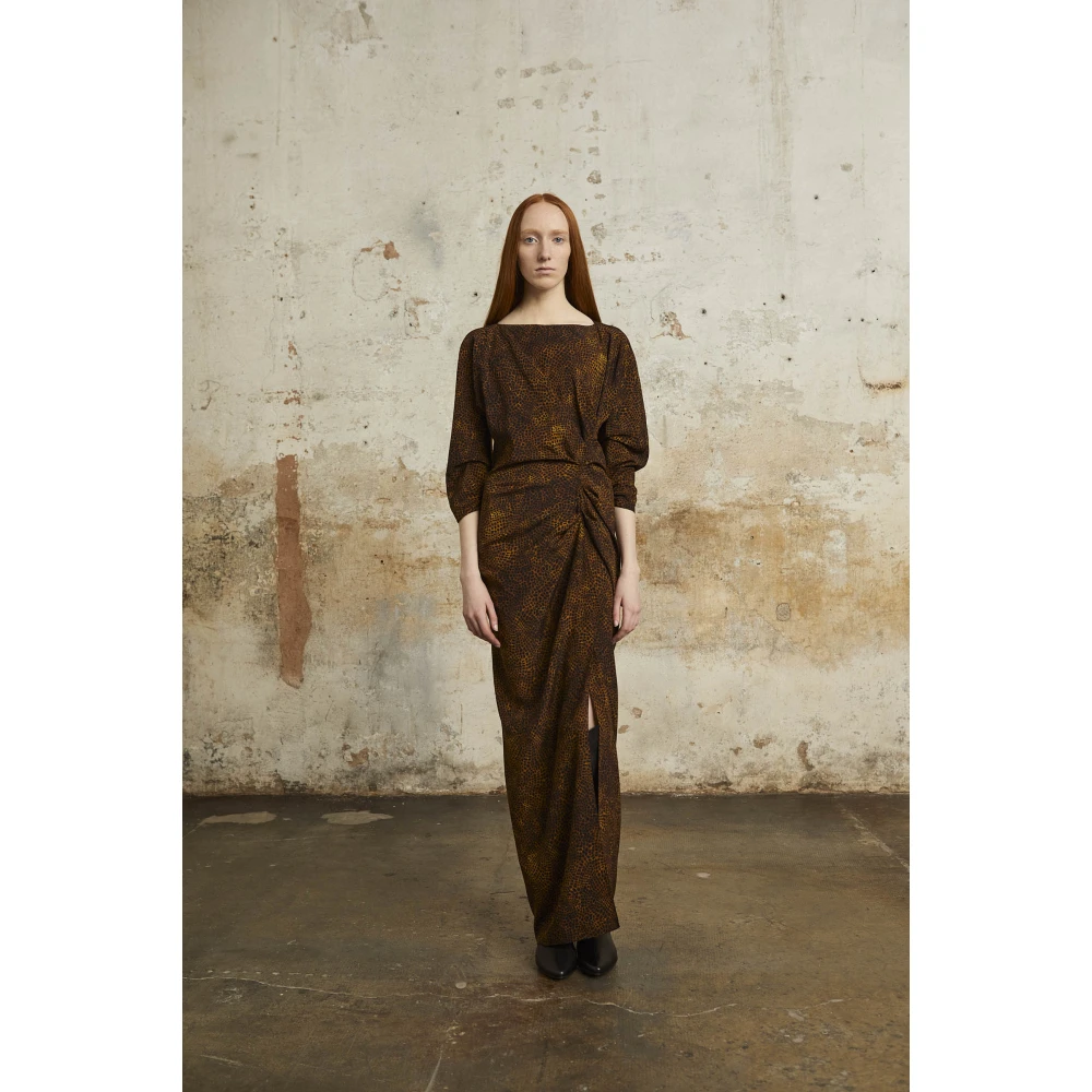 Cortana Dierenprint zijden asymmetrische lange jurk Brown Dames