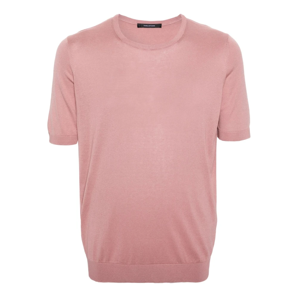 Tagliatore Zalmzijden T-shirt Geribbelde ronde hals Korte mouw Pink Heren