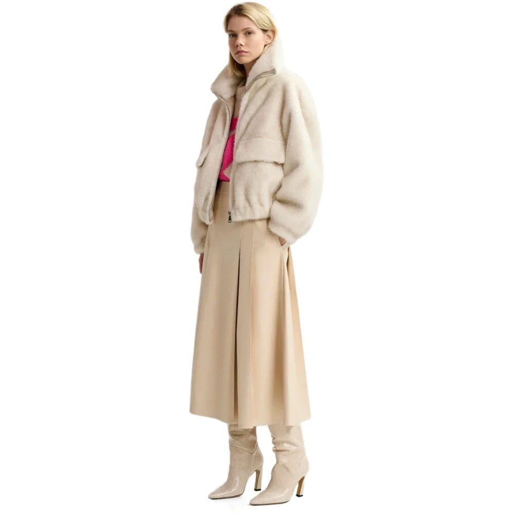 Essentiel Antwerp Ecru Faux Leather A-Line Midi Rok Beige Dames