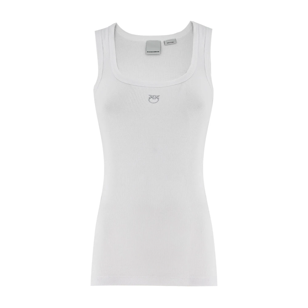 Pinko Women's White Love Birds Embroidered Ribbed Tank Top